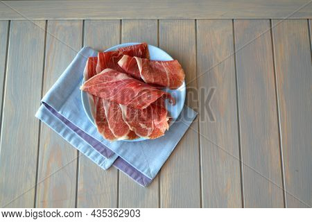 Pressed Marbled Meat Cut In Thin Slices, Fresh Cold Sliced Bacon.