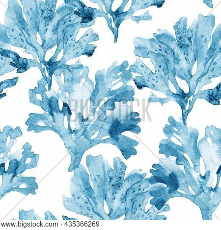 Beautiful Vector Seamless Underwater Pattern With Watercolor Sea Life Coral Shell And Starfish. Stoc