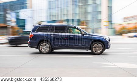 Blue Mercedes-benz Gl-class Car Moving On The Street. Moscow, Russia - September, 2021