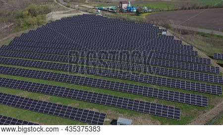 Solar Panel Produces Green, Environmentaly Friendly Energy. Aerial View Drone.