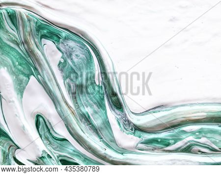 Liquid Acrylic, Oil Paint On Canvas. Mix Of White, Green, Beige. Fluid Paintings. Stone Agate Jadeit