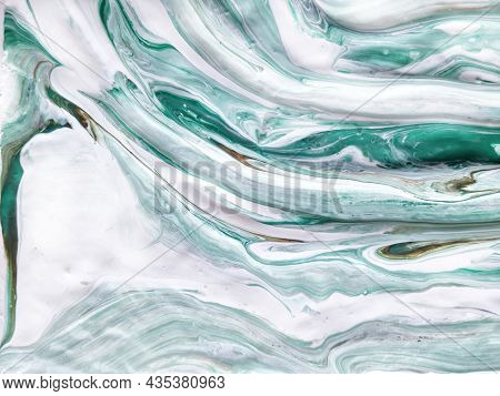 Liquid Acrylic, Oil Paint On Canvas. Mix Of White, Green, Beige. Fluid Paintings. Stone Agate Jadeit
