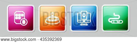 Set Line Lottery Ball On Bingo Card, Casino Roulette Wheel, Online Poker Table Game And Cigar. Color