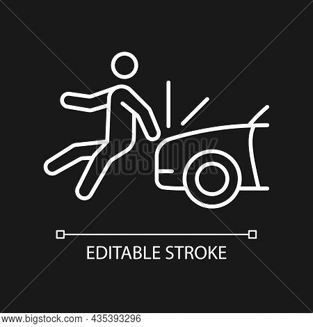 Collision Involving Pedestrian White Linear Icon For Dark Theme. Hitting Walker By Car. Thin Line Cu