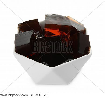 Delicious Grass Jelly Cubes In Bowl On White Background