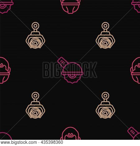 Set Line Lumberjack, Grapple Crane Grabbed Log And Electric Circular Saw On Seamless Pattern. Vector