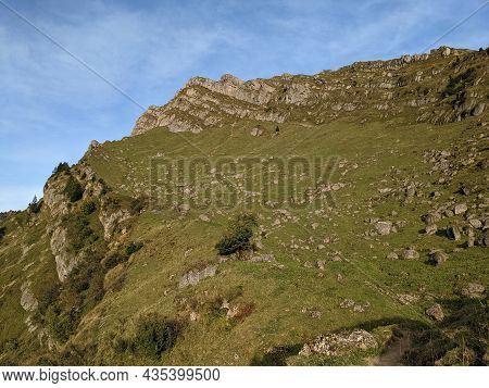 View From The Speer Mountain Peak In The Toggenburch Towards Federispitz And The Glarus Alps. Sunset