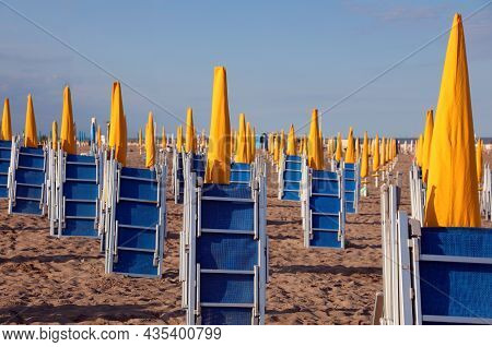 Beaches With Many Umbrellas Already Closed And Deck Chairs Closed At The End Of The Bathing Season