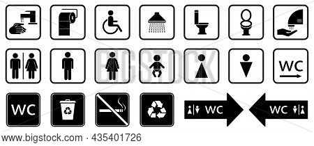 Different Icons For Restroom, Toilet, Wc Signs. Men, Woman, People With Disability, Shower, Child. V