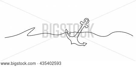 Continuous Single Line Anchor In Sea, Line Art Vector Illustration