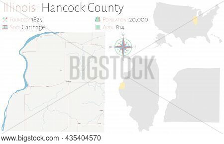 Map On An Old Playing Card Of Hancock County In Illinois, Usa.