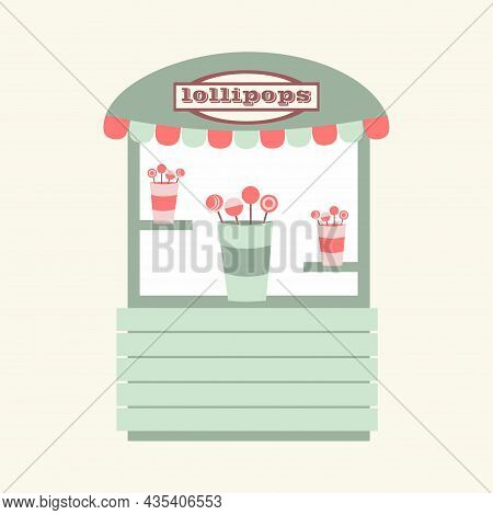 : Stall Counters. Street Counter Selling Lollipops. Street Food, Candy Store. Modern Simple Flat Vec