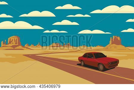 Decorative Landscape With A Road And A Single Passing Car In The Desert With Rocks And Clouds In Blu