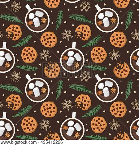 Seamless Pattern With Hot Chocolate Cup, Cookies, Spruce Twig, Snowflakes On Dark Brown. Winter Holi