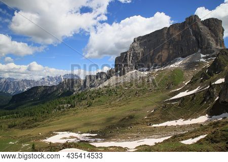 Landscape Of The Dolomites Along The Path Between The Giau Pass And Mount Formin. High Quality Photo