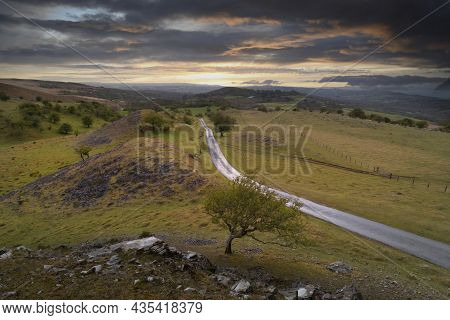 Sunset Over A Country Road Through The Black Mountain In Carmarthenshire In South Wales Uk