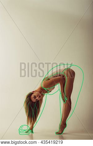 Portrait Of Young Beautiful Slim Woman In Lingerie Isolated Over Gray Background. Line Art. Modern A