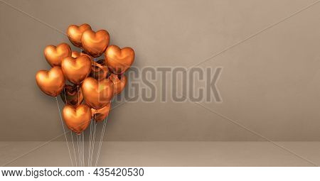 Copper Heart Shape Balloons Bunch On A Beige Wall Background. Horizontal Banner. 3d Illustration Ren