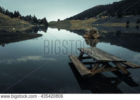 Lake Of The Confins And Mountain Landscape At Sunrise. La Clusaz, Haute-savoie, France