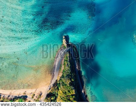 Maconde Point With Road And Ocean. Aerial View In Mauritius Island