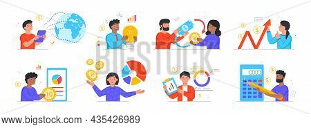 Global Economy Concept. Currency Exchange, Financial Analysis, Investment And Accounting. Characters