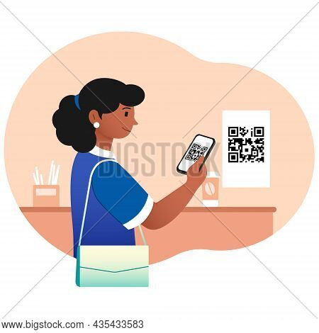 Girl Scans Qr Code In Store. Woman Checks Price, Buying Coffee In Restaurant. Cashless Payment, Mode
