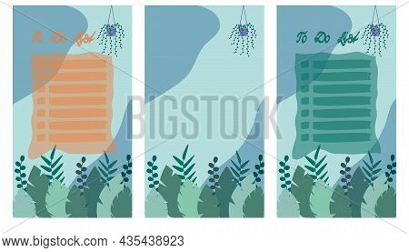 Collection Of Weekly Or Daily Planner, Note Paper, To-do List Decorated With Flat Vector Green Leave