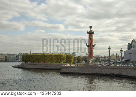 Rostral Column On The Spit Of Vasilievsky Island. Saint Petersburg, Russia.