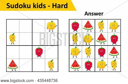 Sudoku Kids Game With Answers. Cute Fruit Characters In 4x4. Game For Small Children.