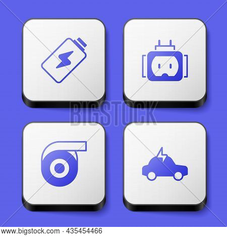 Set Battery Charge, Tee Plug Electric, Roll Adhesive Tape And Electric Car Icon. White Square Button
