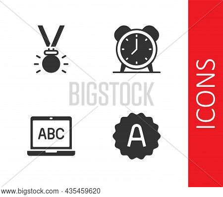 Set Exam Sheet With A Plus Grade, Medal, Laptop And Alarm Clock Icon. Vector