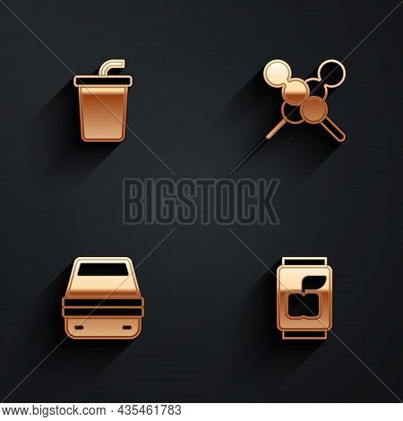 Set Paper Glass With Water, Meatballs On Wooden Stick, Lunch Box And Soda Can Icon With Long Shadow.