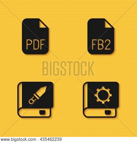 Set Pdf File Document, User Manual, Book About Weapon And Fb2 File Icon With Long Shadow. Vector