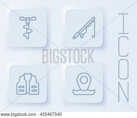 Set Line Hand Ice Drill, Fishing Rod, Jacket And Location Fishing. White Square Button. Vector