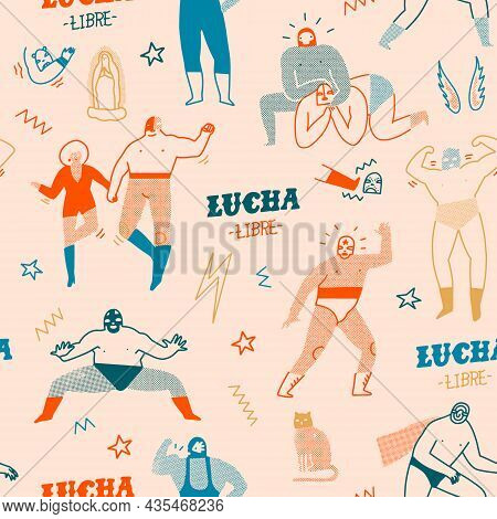 Lucha Libre Mexican Traditional Wrestling Fights Show Seamless Pattern.