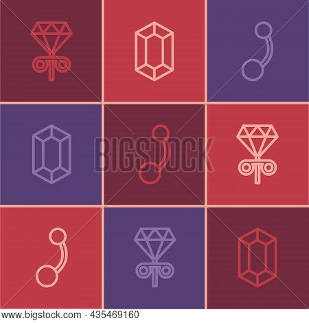 Set Line Stud Earrings, Piercing And Gem Stone Icon. Vector