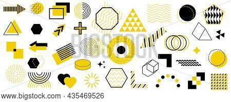 Geometric Shapes Set. Memphis Design. Black And Yellow Elements. Abstract Figures. Vector Illustrati