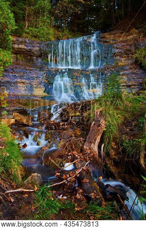 Alger Falls Waterfall With Fallen Branches A Cliff And Decaying Trees