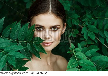 Portrait Of A Woman Cosmetology Nature Green Leaves Glamor Model