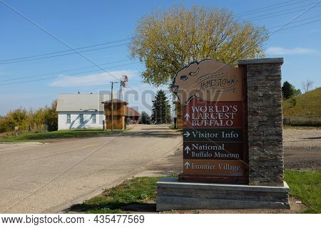 JAMESTOWN, NORTH DAKOTA - 3 OCT 2021: Sign at the entrance to Frontier Town, old style western town with original buildings from the frontier villages of North Dakota.