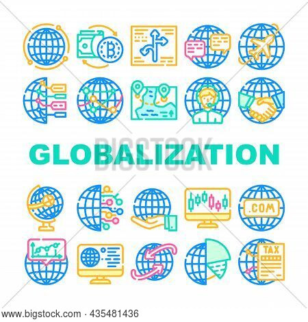 Globalization Worldwide Business Icons Set Vector. Internet Marketing And Trade Market, Digitalizati