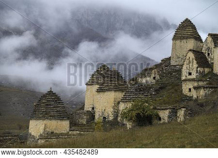 Cloudy October Day At The Ancient Burial Complex Dargavs. North Ossetia, Russia