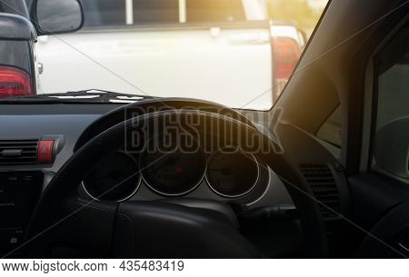 Inside View Of Streetlights Car Black Colour And Dark Tone. With Rear Side Of Other On The Road.  Tr