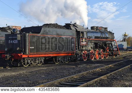 Sortavala, Russia - October 07, 2021: Old Soviet Steam Locomotive L-4429 On The Sortavala Station On