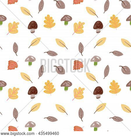 Seamless Vector Pattern In Autumn Colors With Mushrooms, Leaves, Etc. Wallpaper, Scrapbooking, Texti