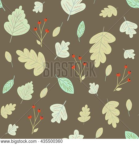 Seamless Vector Pattern In Autumn Colors With Berries, Leaves, Etc In Green Pastel Colors. Wallpaper