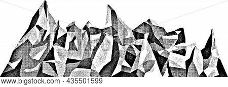 Monochrome Mountains In Pixel Art Style. Black And White Halftone Mountain Ridges. 
Rocks Isolated O