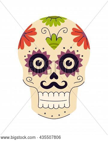 Mexican Holiday Day Of The Dead Sugar Skulls With Floral And Plant Patterns. Mexico Traditional Fest