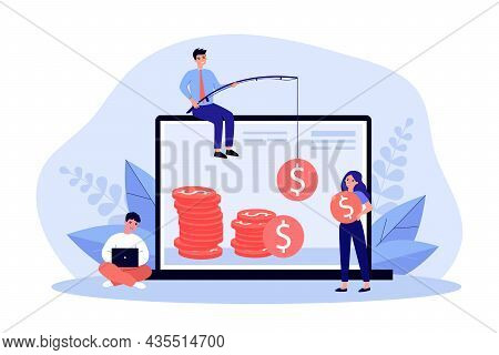 Freelancers Making Money Online. Businessman Catching Cash On Fishing Rod, Girl Holding Coin Flat Ve