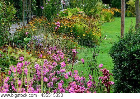 Perennial Beds With Ornamental Grasses And Pink Perennials. The Edge Of The Flowerbed Into Arches An